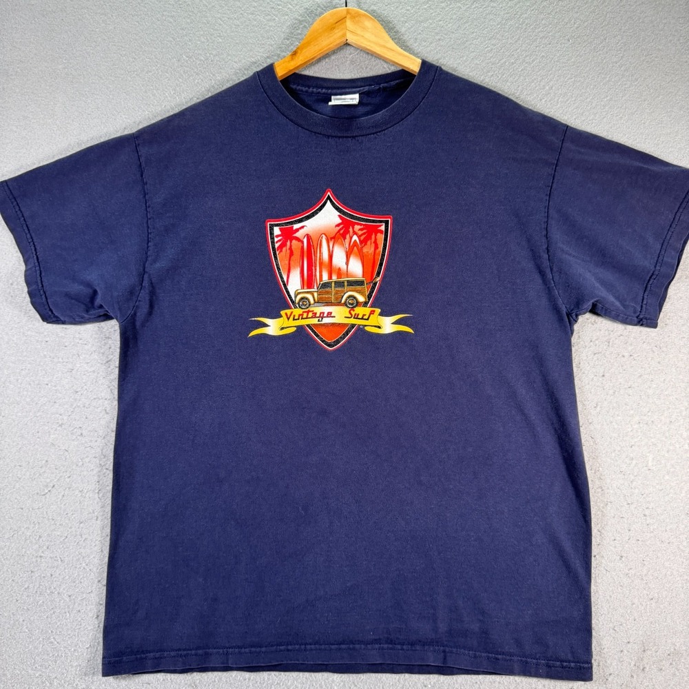 Vintage Surf T-Shirt Adult Large‎ Blue Graphic Beach Palm Trees Vacation Delta